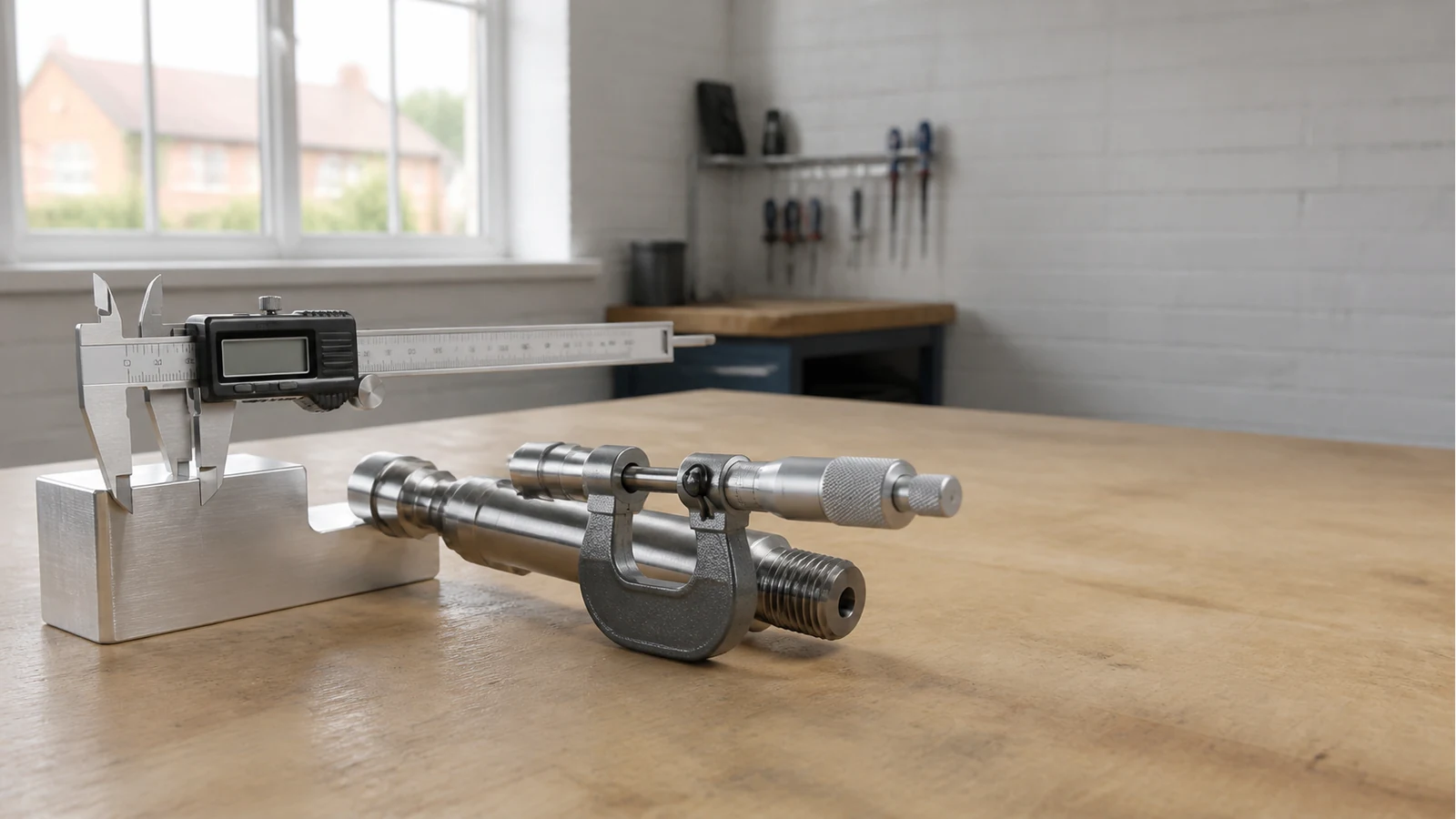 Digital caliper and outside micrometer on a UK workshop bench comparing everyday versus tight-tolerance measuring roles