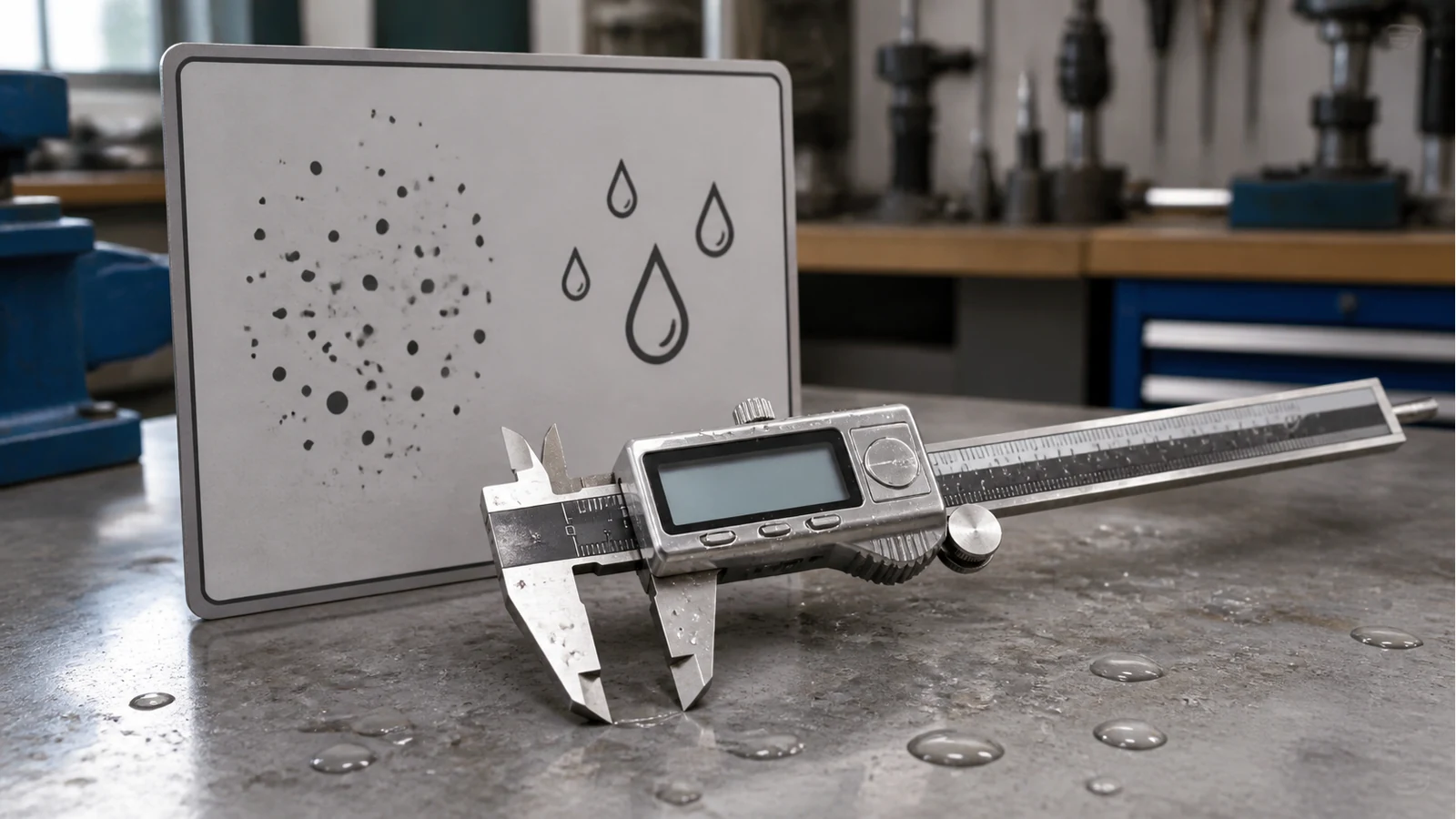 Digital caliper next to a plain-language IP54 splash-protection legend for UK workshop buyers