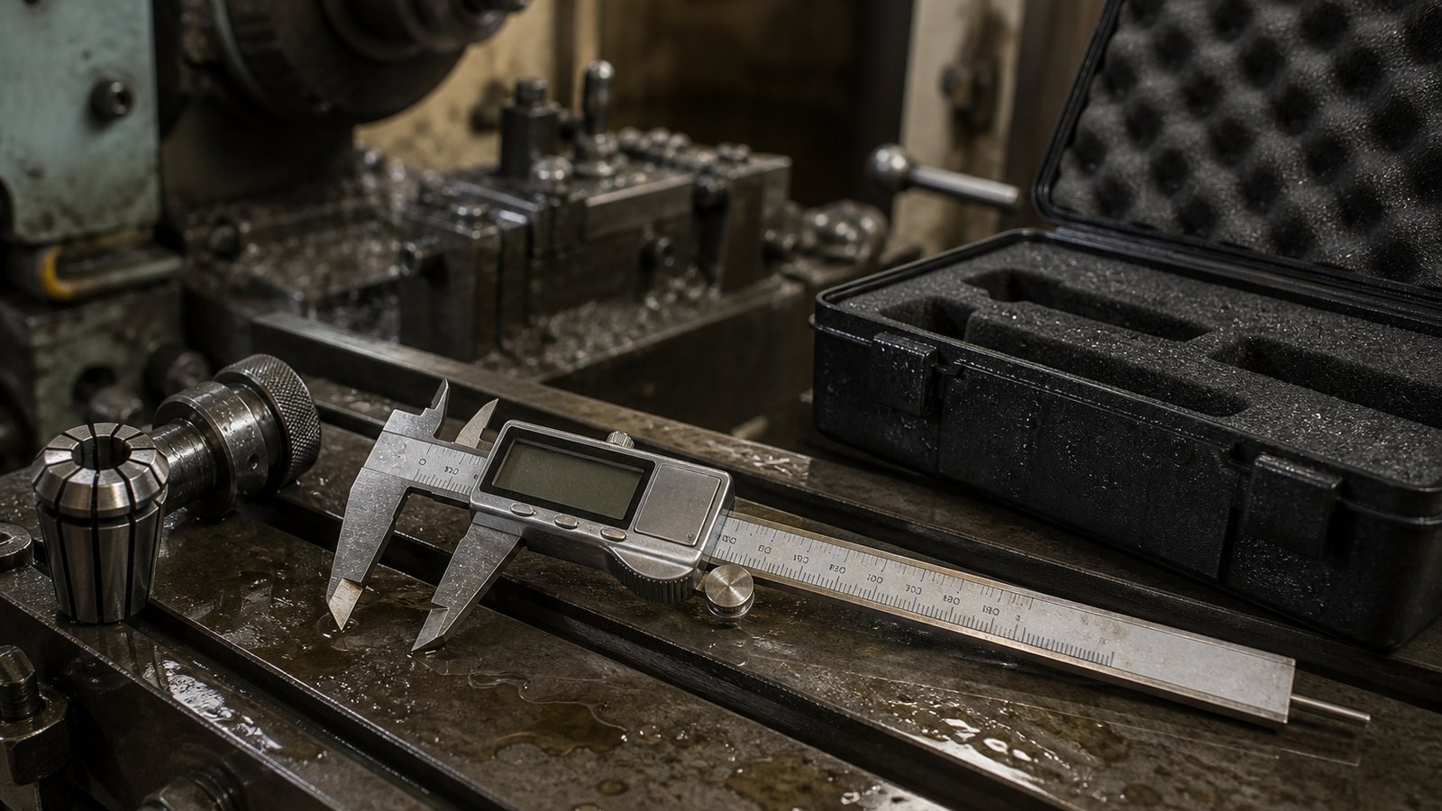 Stainless digital caliper on an oily UK machine-shop bench