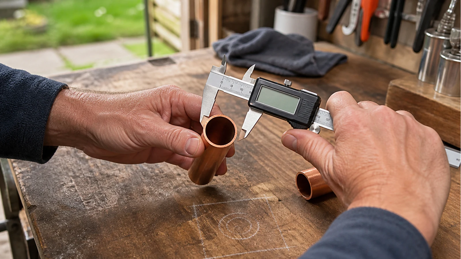 Using a digital caliper on copper tube to derive wall thickness from outside and inside diameters