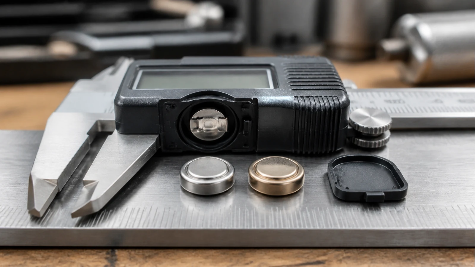 SR44 silver-oxide and LR44 alkaline button cells beside an open digital caliper battery compartment