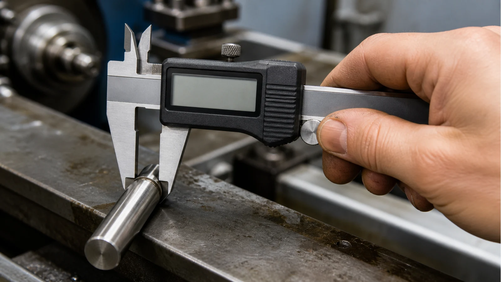 Machinist using the thumb roller and lock screw on a stainless digital caliper for a repeatable outside measurement